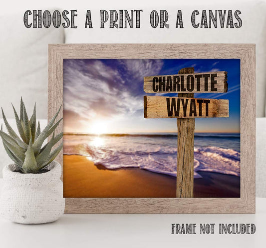 Personalized - Names Sign Post Art - Sunset Beach - Print or Canvas