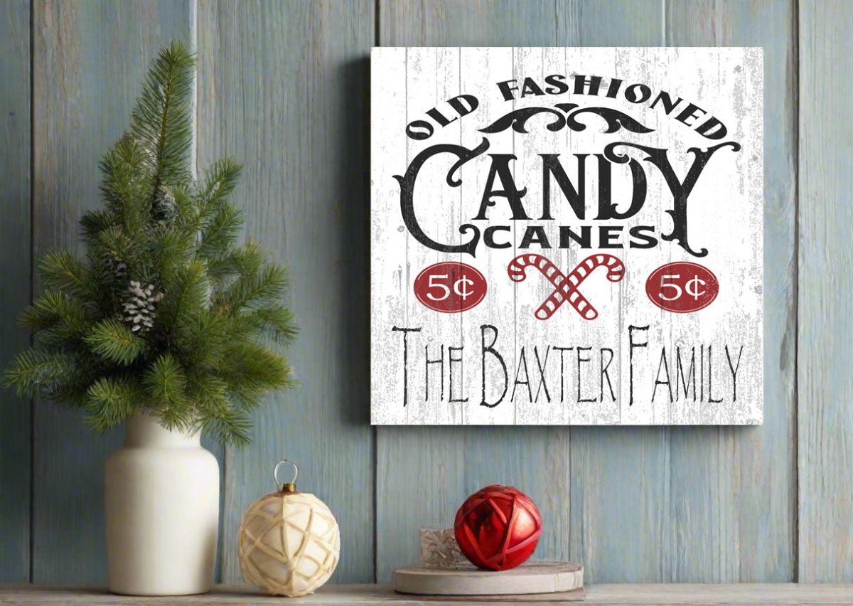 Personalized Old Fashioned Candy Canes Christmas Sign with Family Name