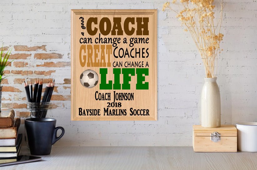 Custom Soccer Coach Gift – Personalized Wood Plaque with Name & Year – “Great Coaches Change Lives” – Solid Wood – USA Made – 11x8.5