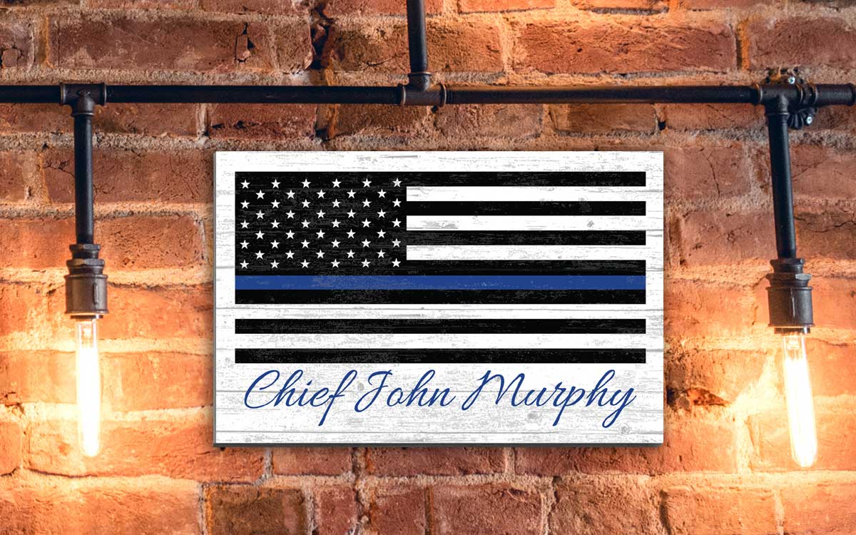 Personalized Thin Blue Line Flag Sign - Police & Law Enforcement Gift - Solid Wood