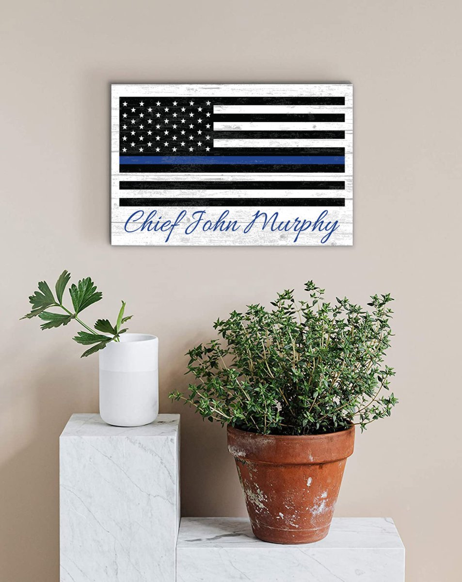 Personalized Thin Blue Line Flag Sign - Police & Law Enforcement Gift - Solid Wood