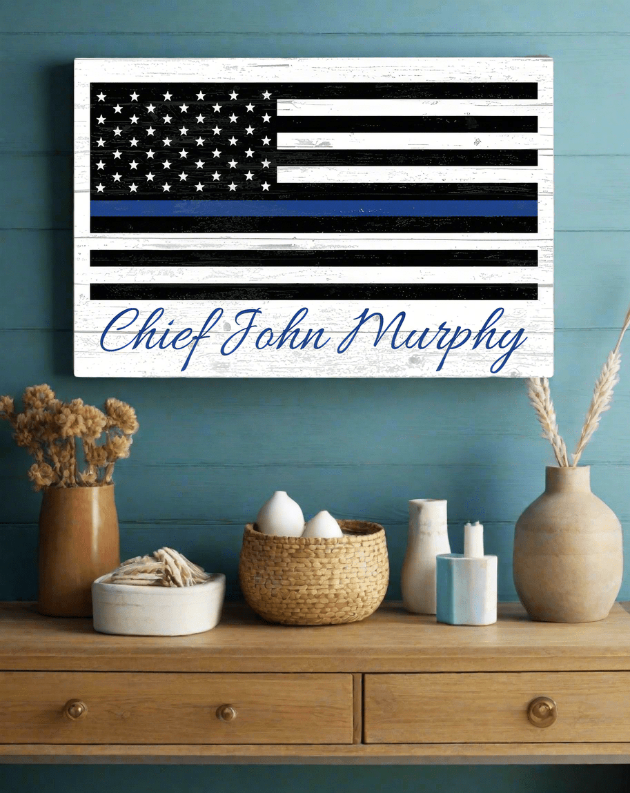 Personalized Thin Blue Line Flag Sign - Police & Law Enforcement Gift - Solid Wood