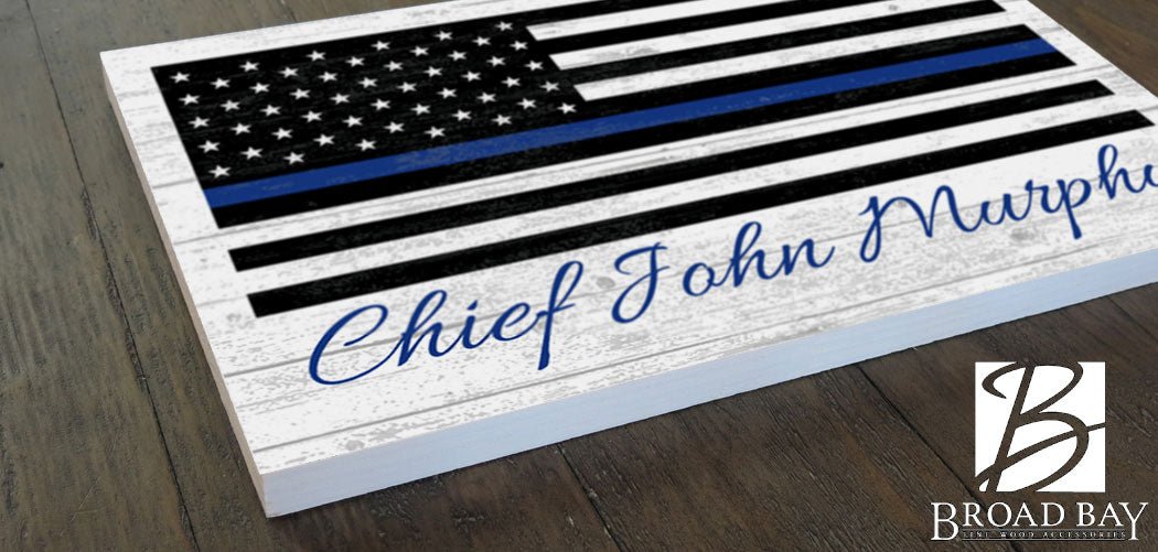 Personalized Thin Blue Line Flag Sign - Police & Law Enforcement Gift - Solid Wood