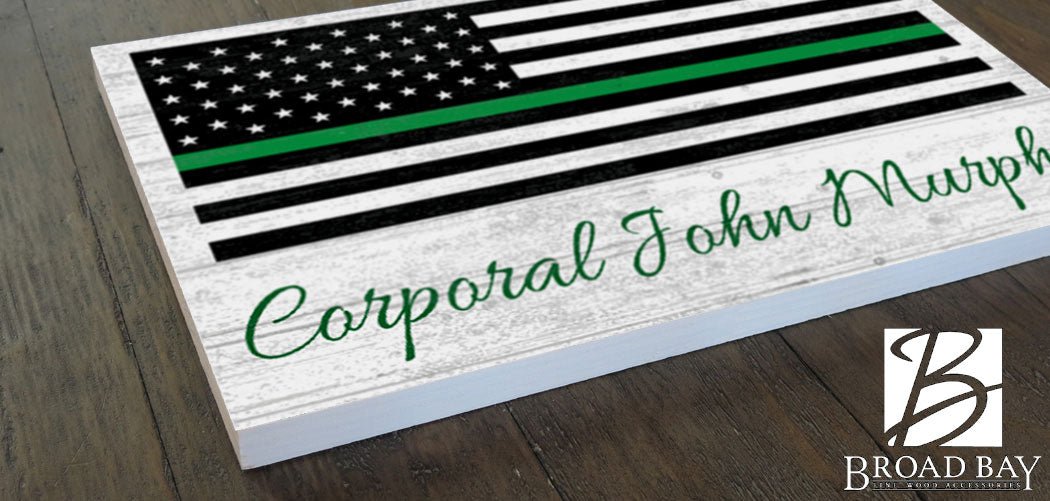 Personalized Thin Green Line Flag Sign – Custom Name Military or Federal Service Tribute | Solid Wood Wall Art