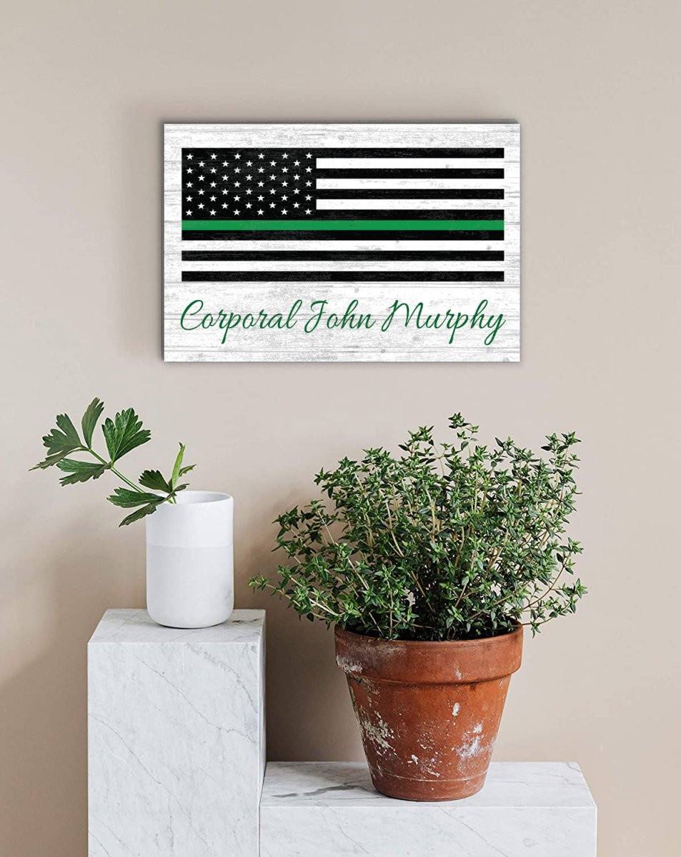 Personalized Thin Green Line Flag Sign – Custom Name Military or Federal Service Tribute | Solid Wood Wall Art