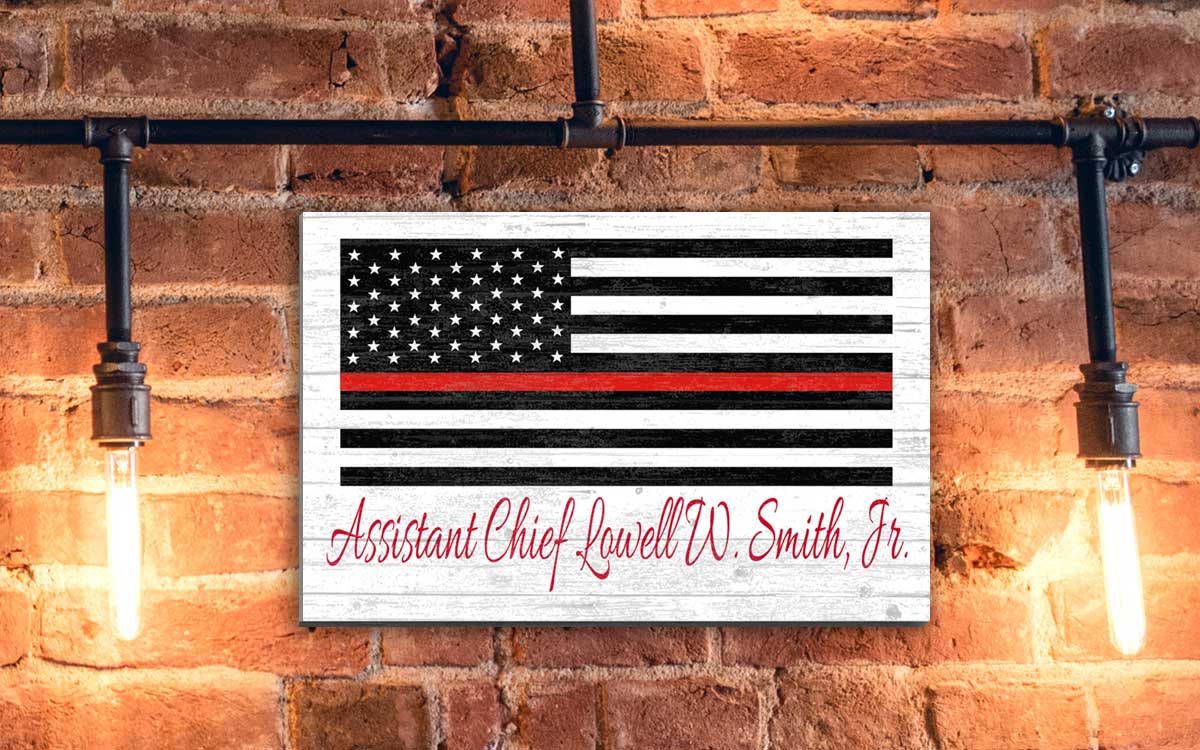 Personalized Thin Red Line Flag Sign – Custom Firefighter Name Wall Art | Fire Department Gift Solid Wood