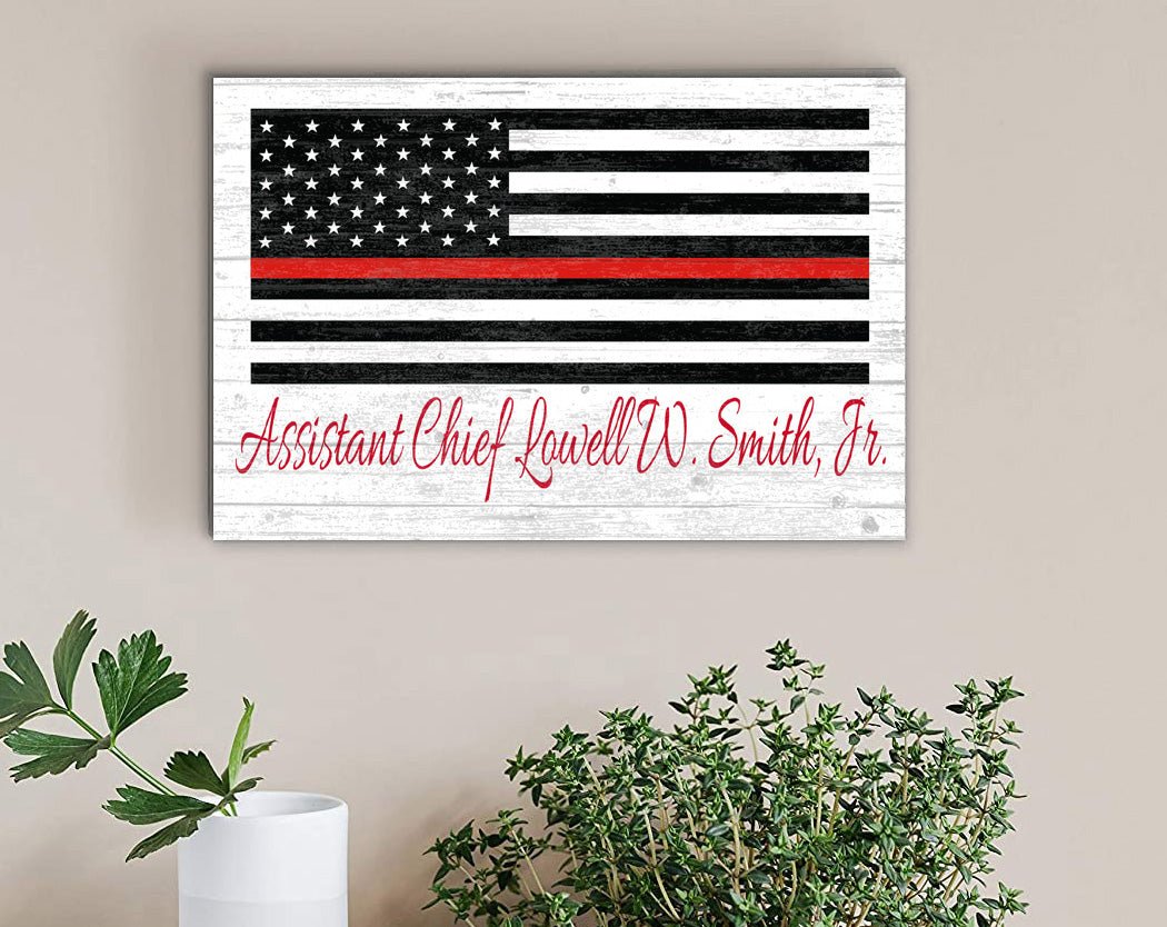 Personalized Thin Red Line Flag Sign – Custom Firefighter Name Wall Art | Fire Department Gift Solid Wood