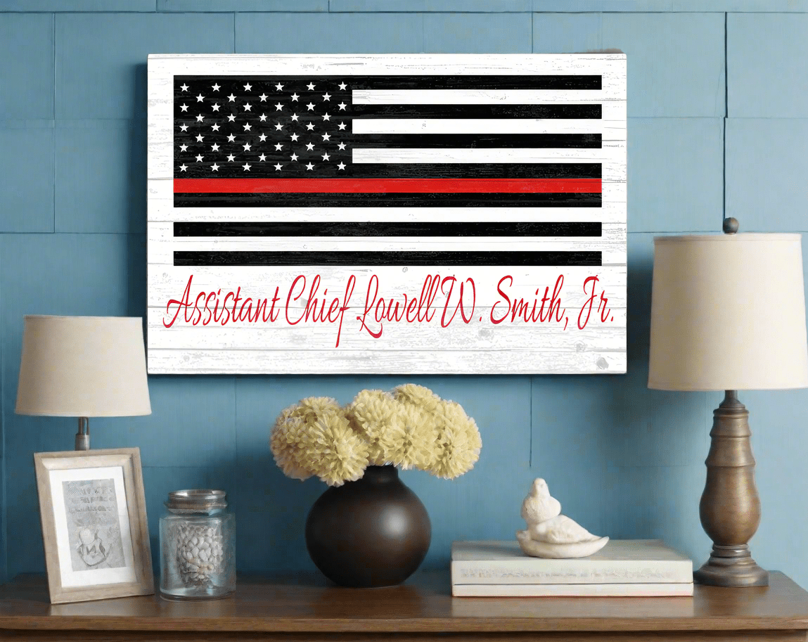 Personalized Thin Red Line Flag Sign – Custom Firefighter Name Wall Art | Fire Department Gift Solid Wood
