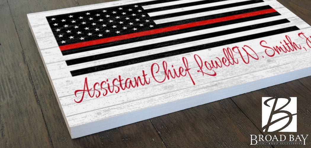 Personalized Thin Red Line Flag Sign – Custom Firefighter Name Wall Art | Fire Department Gift Solid Wood