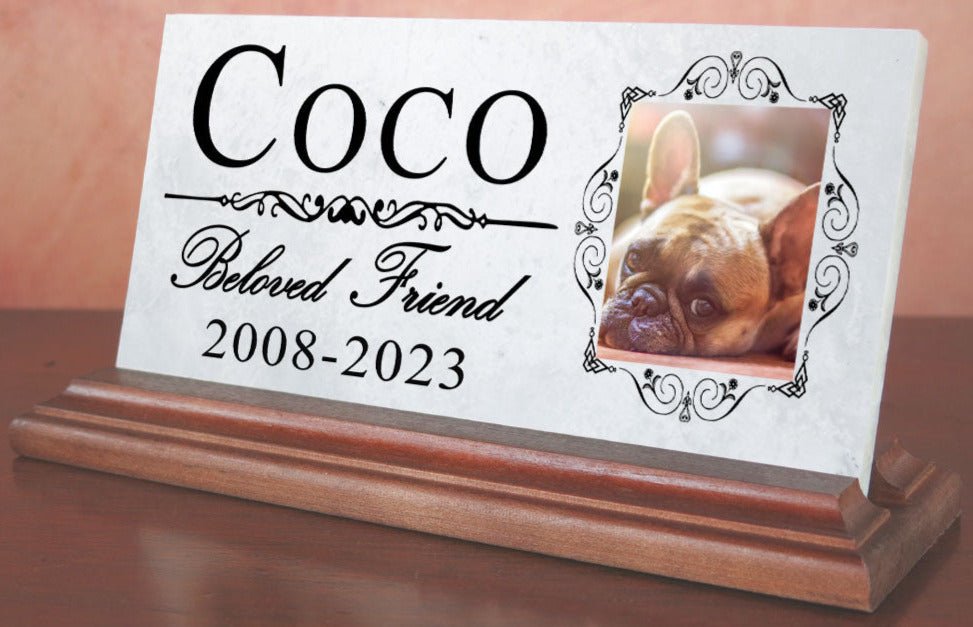 Pet Memorial Plaque With Picture for Shelf or Mantel  - Solid Marble - 4" x 8"