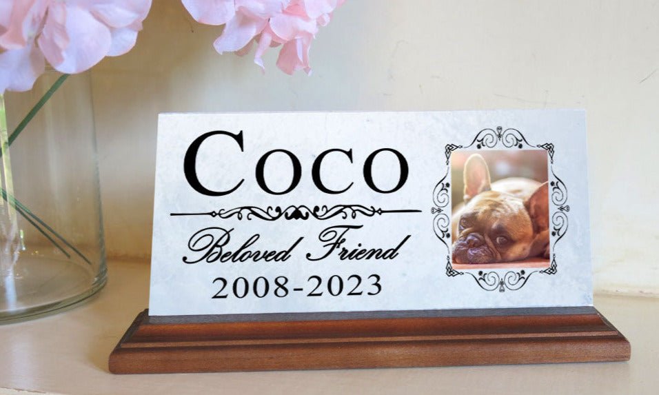 Pet Memorial Plaque With Picture for Shelf or Mantel  - Solid Marble - 4" x 8"