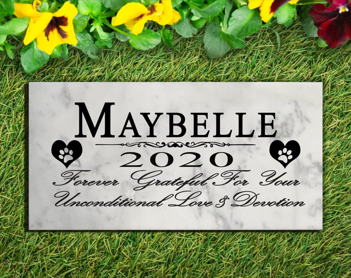 Pet Memorial Stone Plaque For Dogs Or Cats - Solid Marble - Custom Name & Date