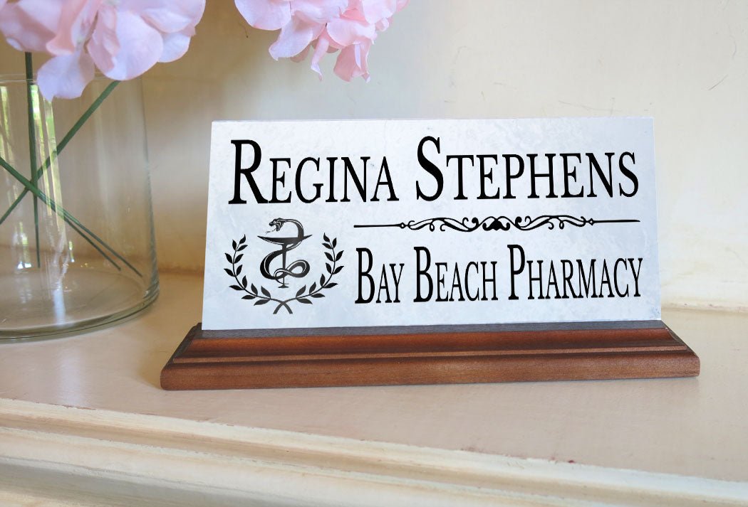 Pharmacy Desk Nameplate – Personalized Marble Name Sign for Pharmacists & Technicians