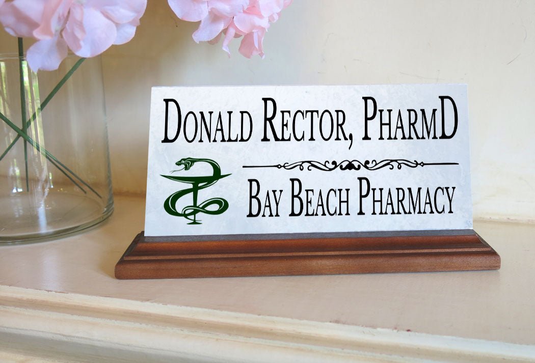 Pharmacist Desk Nameplate – Personalized Marble Name Sign with Pharmacy Logo
