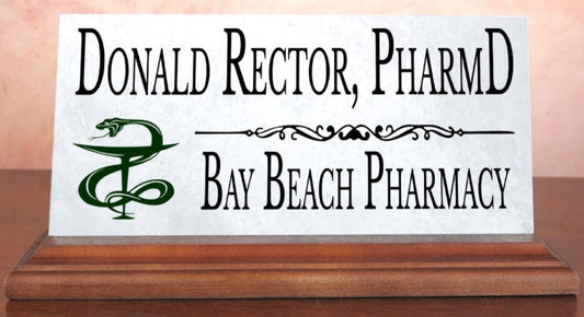 Pharmacist Desk Nameplate – Personalized Marble Name Sign with Pharmacy Logo