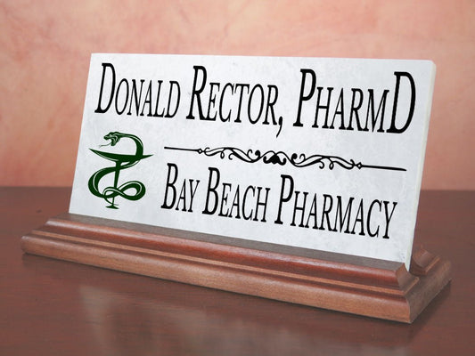 Pharmacist Desk Nameplate – Personalized Marble Name Sign with Pharmacy Logo