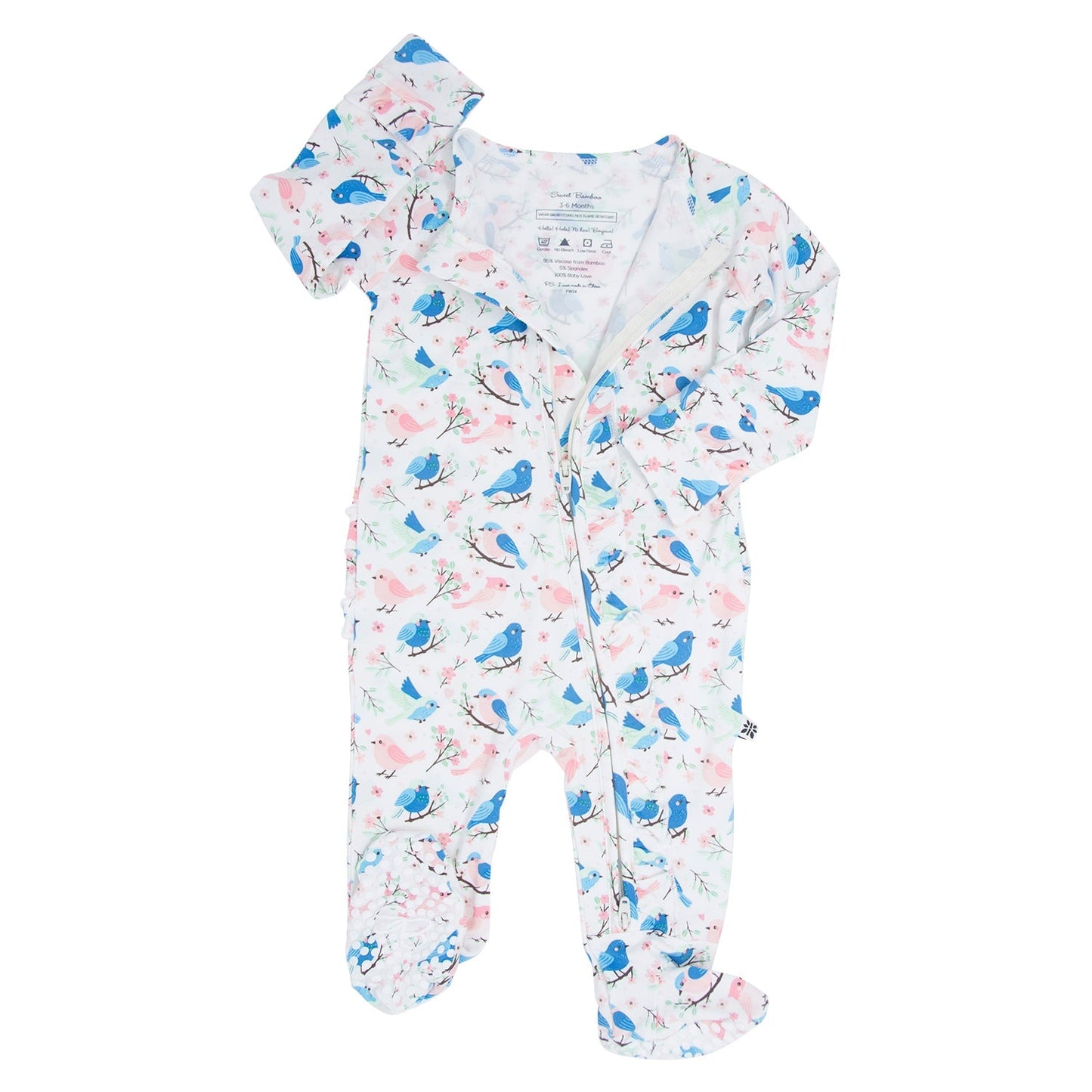 Pink and Blue Songbirds Ruffle Baby Footie