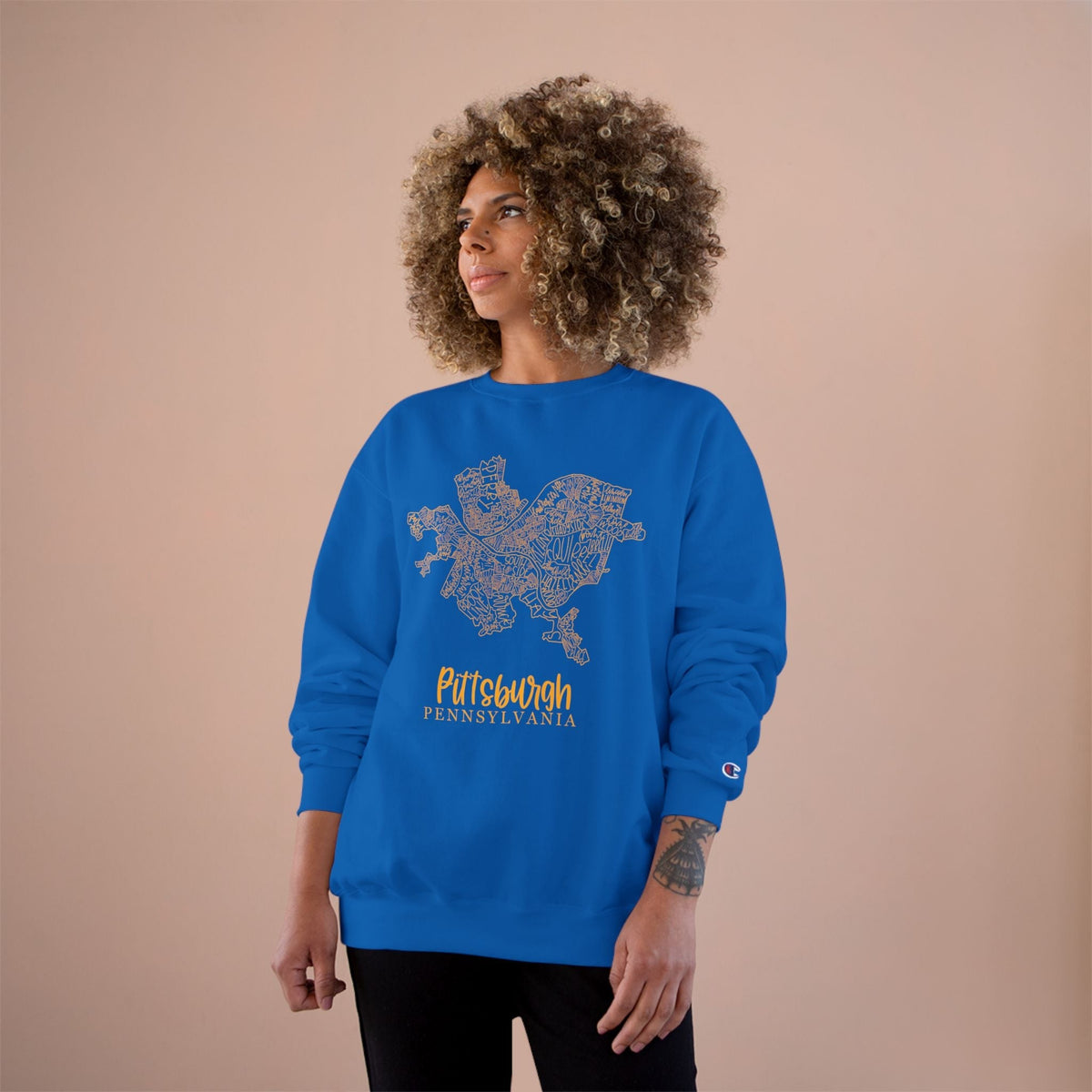 Pittsburgh Topo Word Map Graphic Premium Fit Champion Sweatshirt