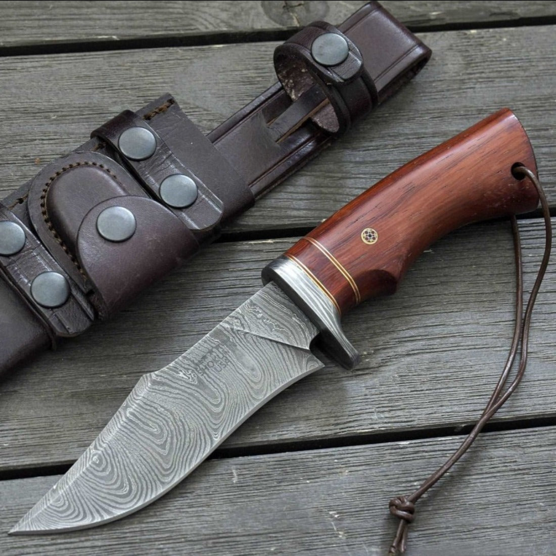 Polaris Damascus Hunting Knife with Exotic Red Heart Wood Handle