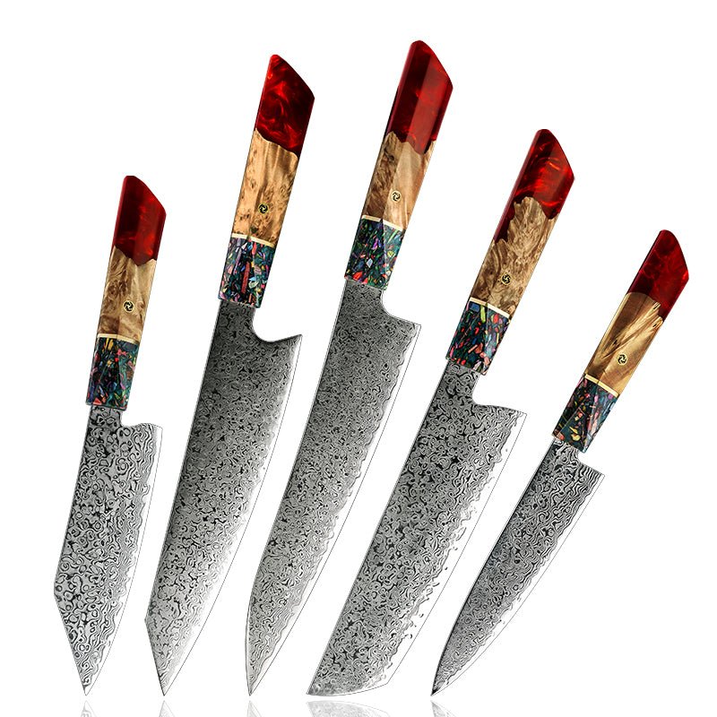 Pristine Japanese Chef Knife Set with VG-10 Damascus Steel Exotic Stabilized Olive Wood Handle & Sheath