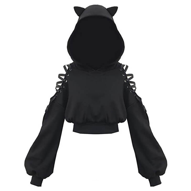 Punk Cat Ear Off Tie up Hoodie