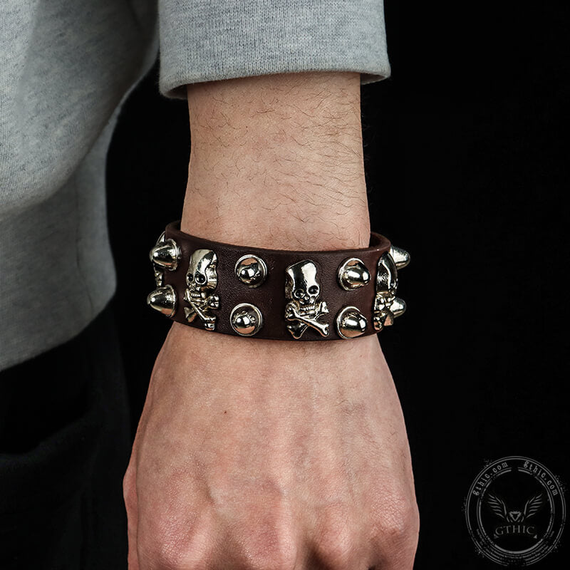 Punk Crossbones Skull Pu Leather Spiked Bracelet