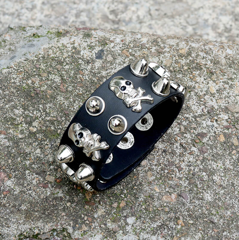 Punk Crossbones Skull Pu Leather Spiked Bracelet