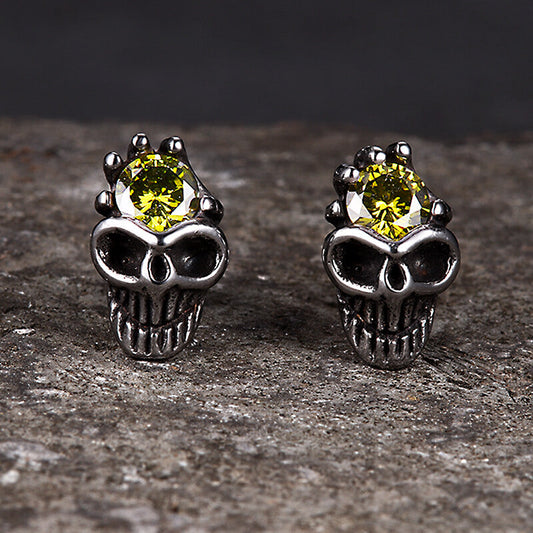 Punk Skull Head Stainless Steel Gemstone Earrings