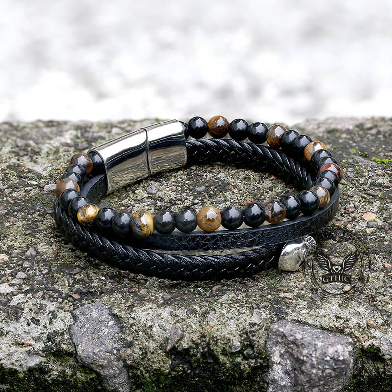 Punk Tiger Eye Skull Leather Bead Bracelet