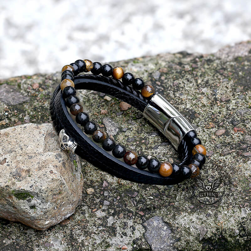 Punk Tiger Eye Skull Leather Bead Bracelet