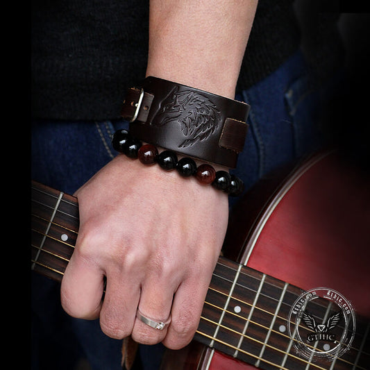 Punk Wolf Head Embossed Leather Bracelet
