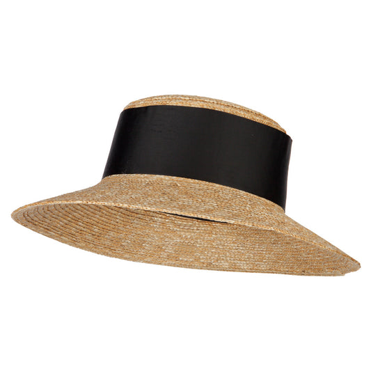 Women's Straw Wide Band with Pom Pom Accented Boater Hat