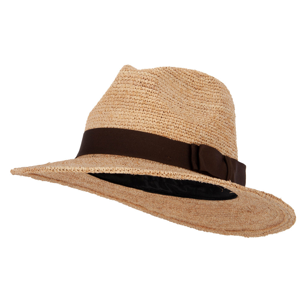 Women's Raffia Braid Double Bow Accented Large Brim Fedora Hat