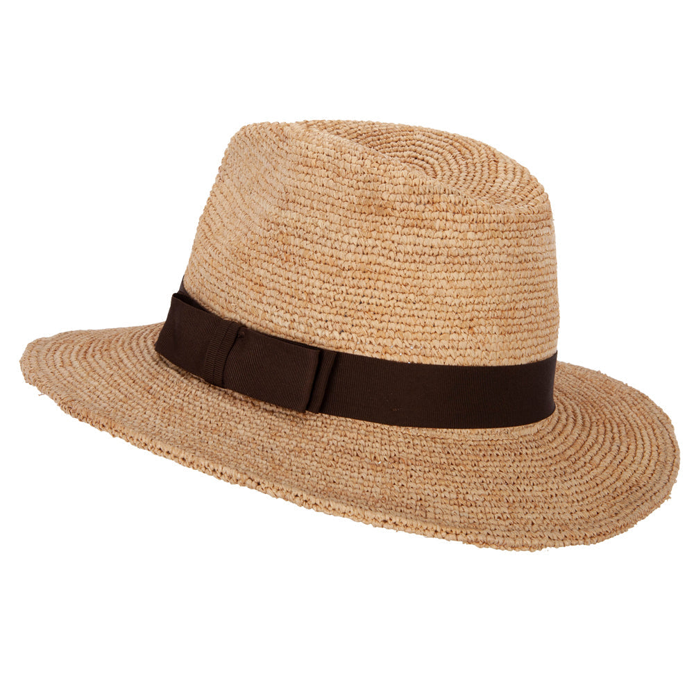Women's Raffia Braid Double Bow Accented Large Brim Fedora Hat