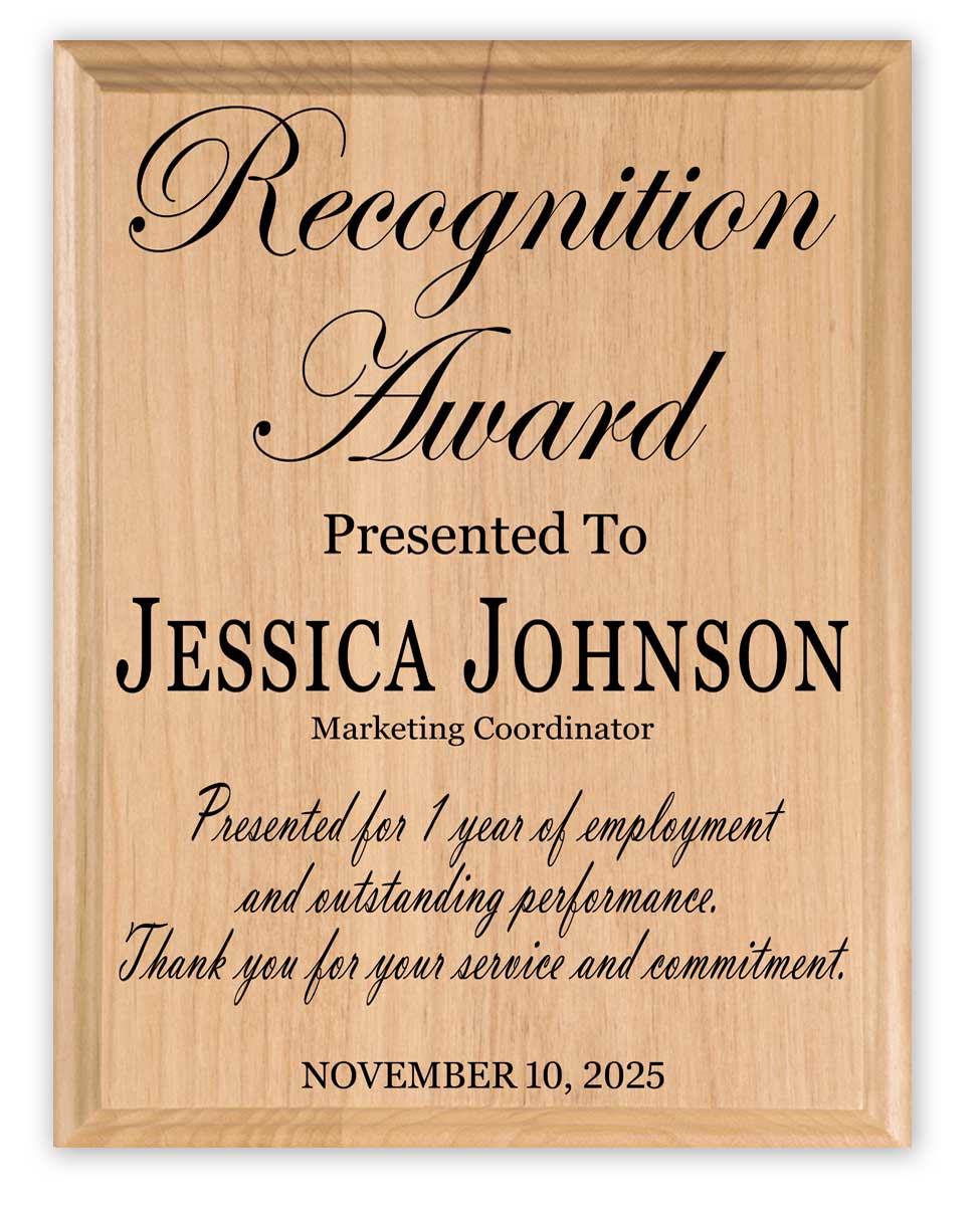 Recognition Plaque - Custom Appreciation Award Gift - Promotion, Retirement, or Achievement - Solid Wood