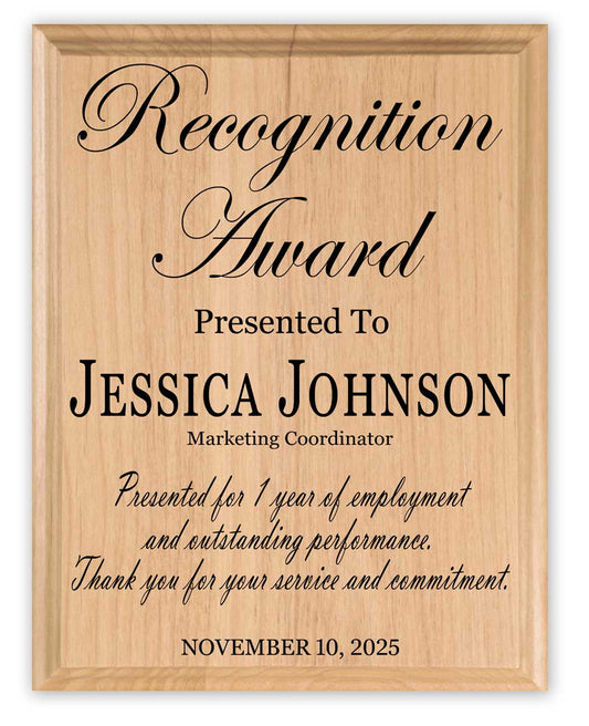 Recognition Plaque - Custom Appreciation Award Gift - Promotion, Retirement, or Achievement - Solid Wood