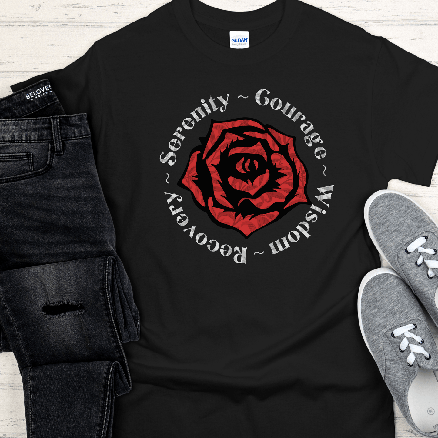 Recovery T-Shirt | Inspiring Sobriety | Serenity Prayer Rose