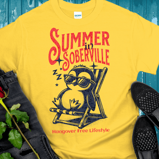 Recovery T-Shirt | Inspiring Sobriety |  Summer in Soberville Penguin