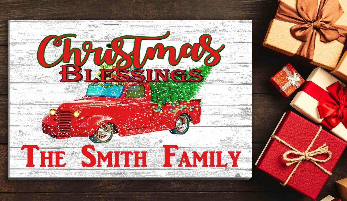 Red Truck Christmas Family Sign with Red Truck and Christmas Tree