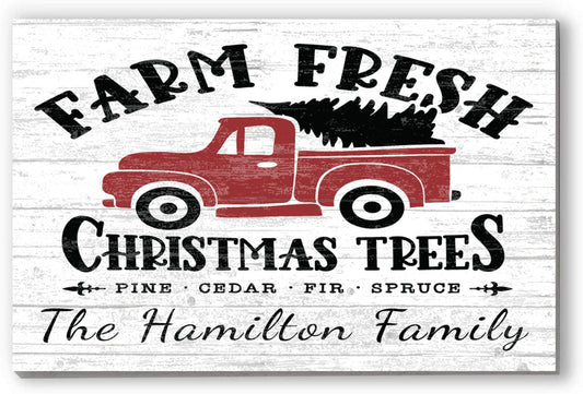 Red Truck Fresh Christmas Trees Sign Personalized Vintage Holiday Decoration
