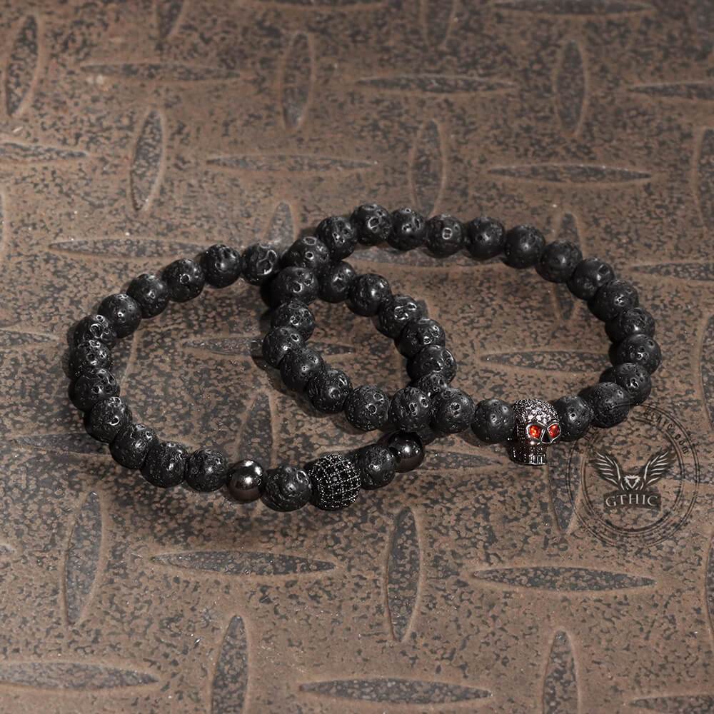 Red Eye Skull Volcanic Rock Bracelet Set