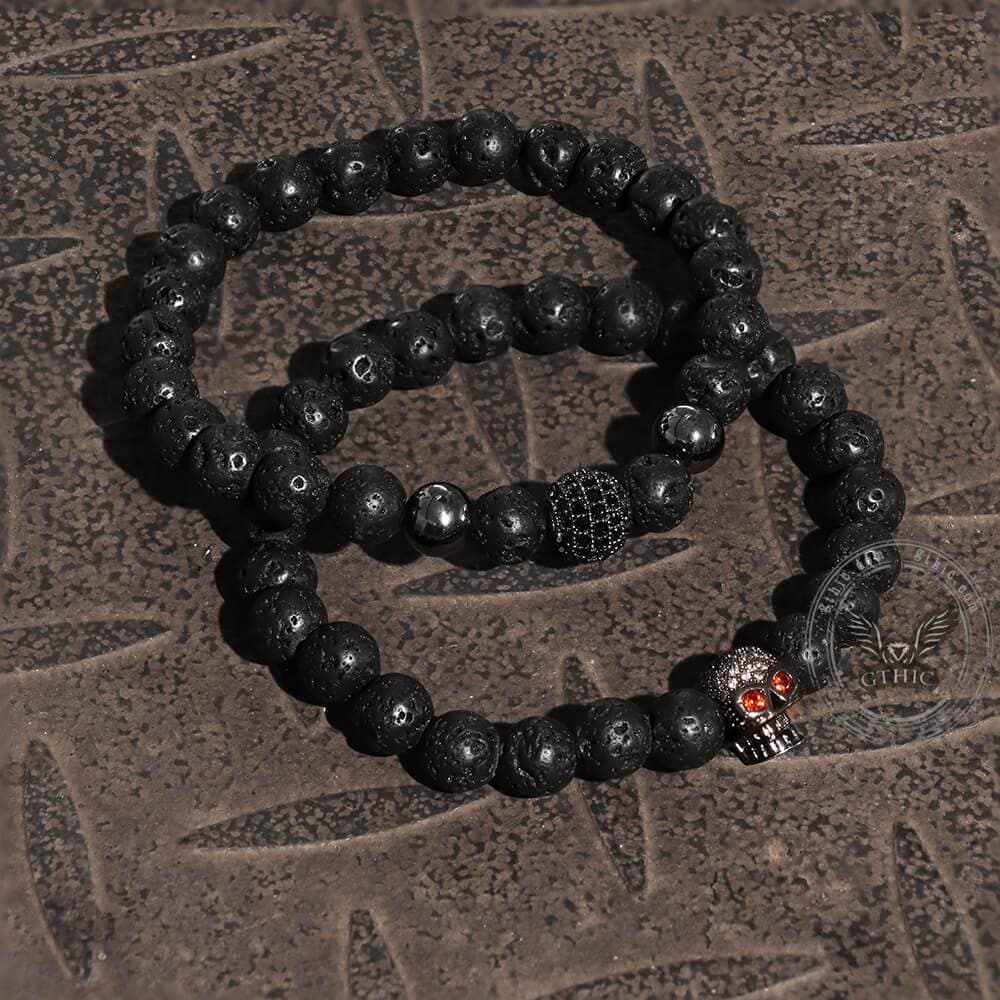 Red Eye Skull Volcanic Rock Bracelet Set