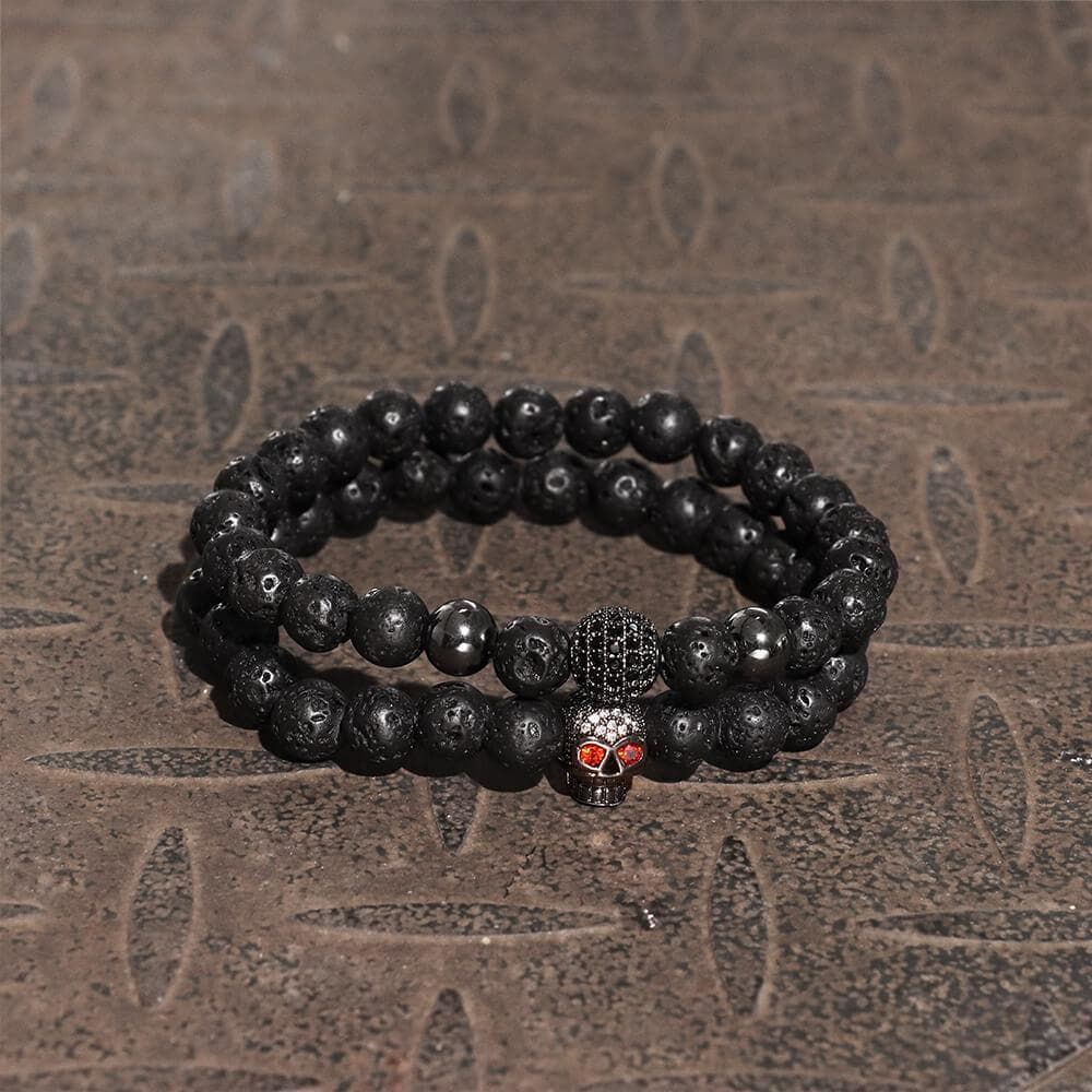 Red Eye Skull Volcanic Rock Bracelet Set