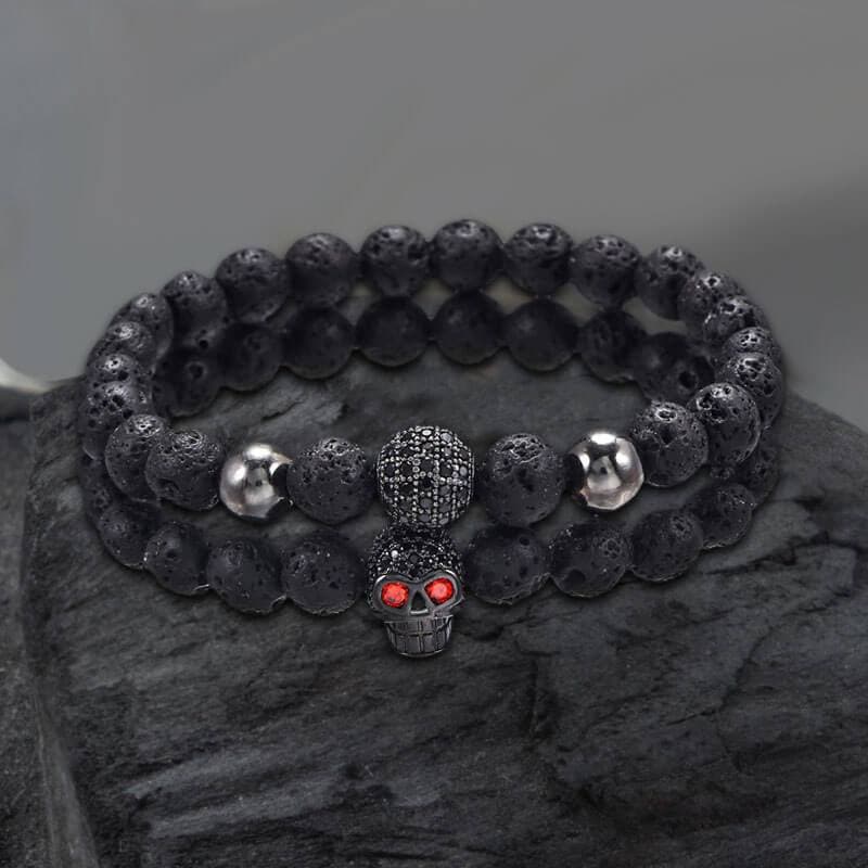 Red Eye Skull Volcanic Rock Bracelet Set