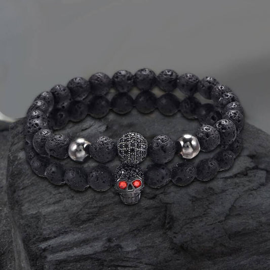 Red Eye Skull Volcanic Rock Bracelet Set