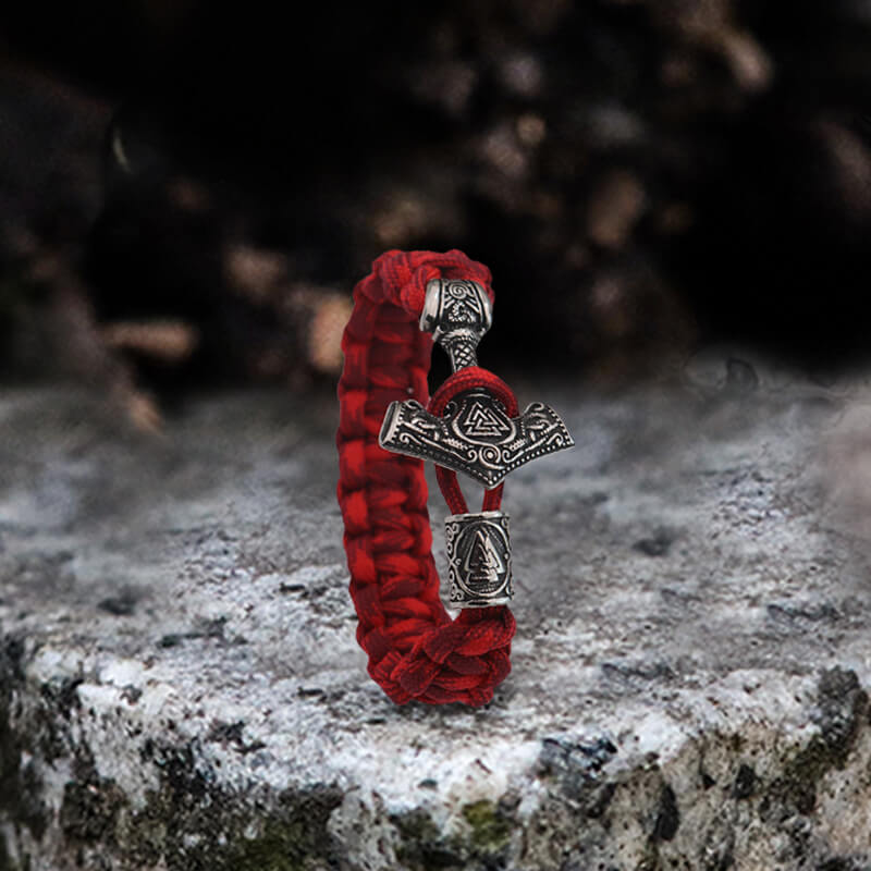 Red Thor’s Hammer Valknut Stainless Steel Paracord Bracelet
