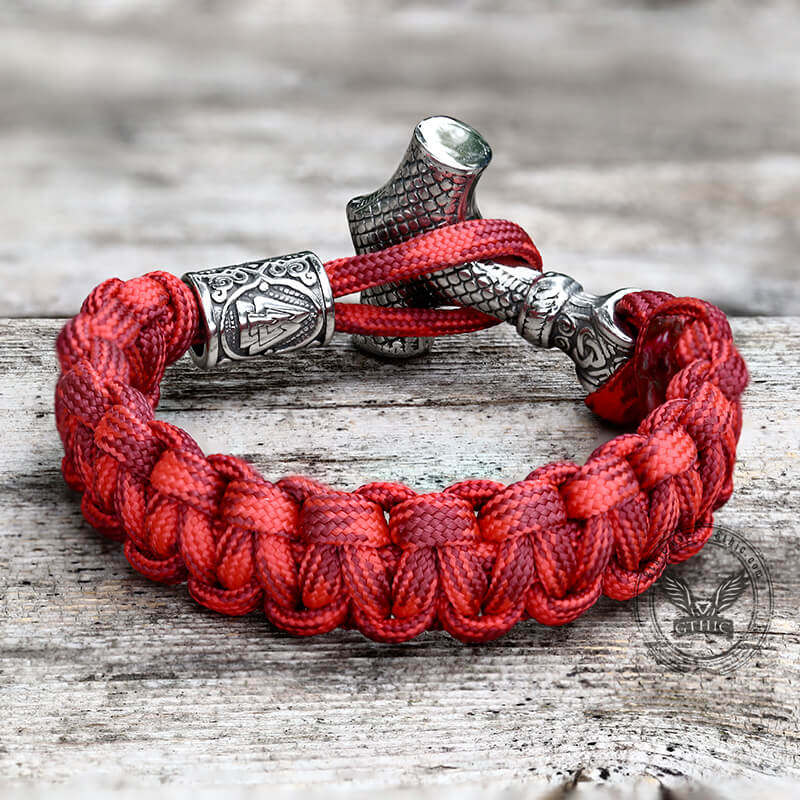Red Thor’s Hammer Valknut Stainless Steel Paracord Bracelet