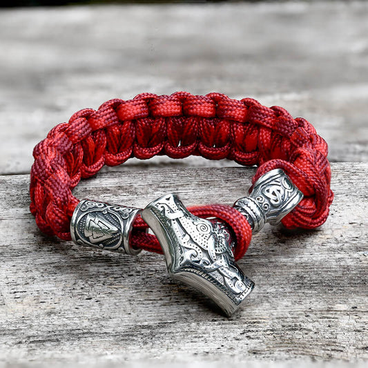 Red Thor’s Hammer Valknut Stainless Steel Paracord Bracelet