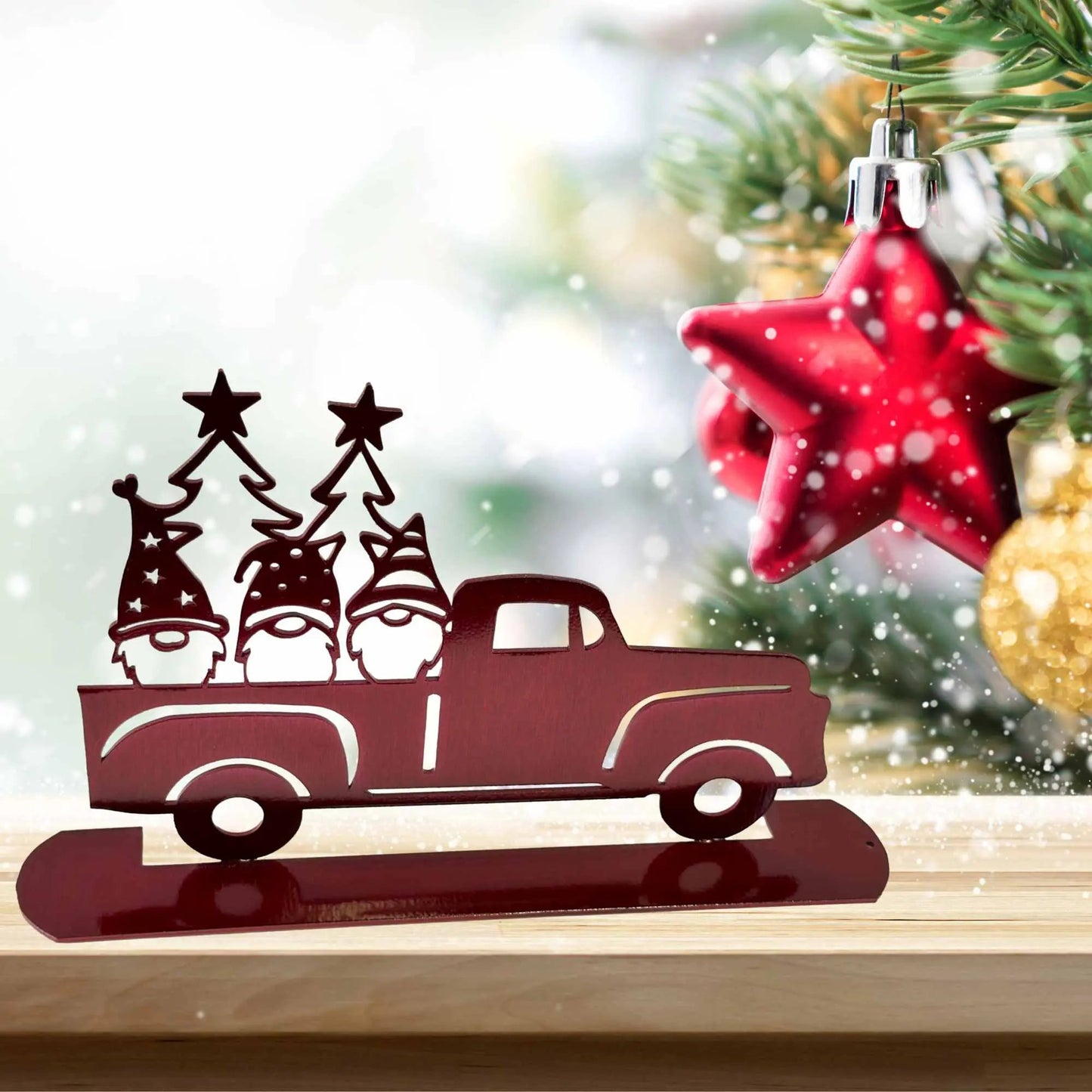 Holiday Gnomes in a Vintage Pickup Truck for Shelf and Table Displays