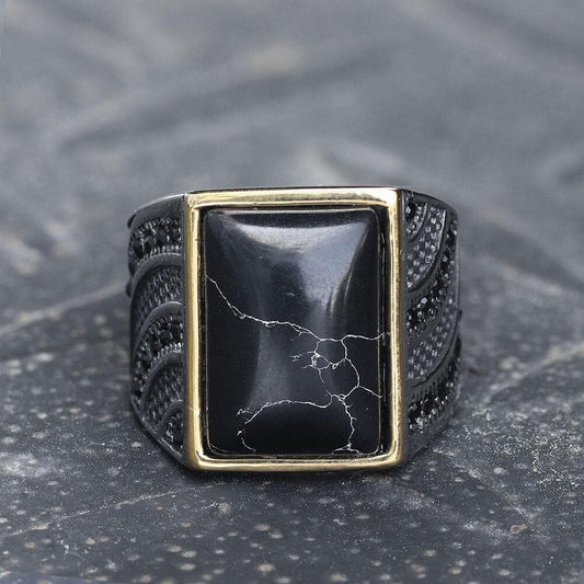 Retro Black Stone Stainless Steel Zircon Ring